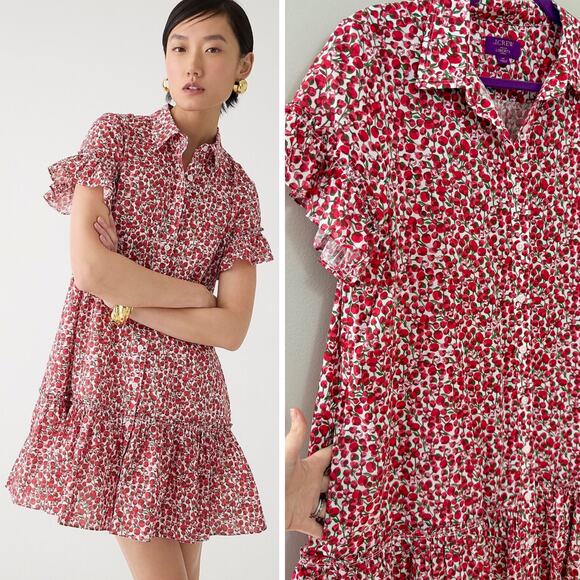 J. Crew Classic Preppy Floral Ruffle Amelia Shirt Dress Red Liberty Floral M - Picture 1 of 11